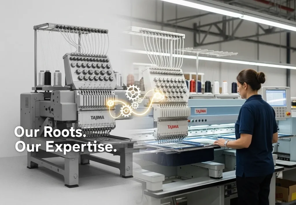 A conceptual image layering a translucent vintage embroidery machine over a modern one, symbolizing how decades of history and expertise built the foundation for today's advanced technology.