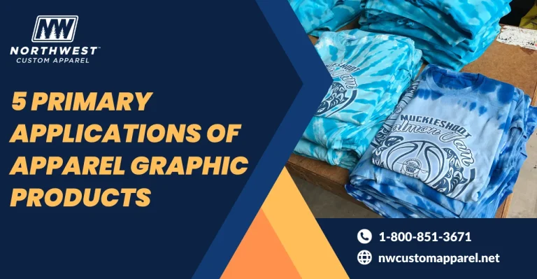 A promotional banner from "Northwest Custom Apparel". The banner's headline reads: "5 PRIMARY APPLICATIONS OF APPAREL GRAPHIC PRODUCTS". To the right, there's an image showcasing folded blue tie-dye shirts with a design reading "MUCKLESHOOT SALMON JAM". Each shirt displays a stylized salmon graphic. The bottom section of the banner contains contact information, including a phone number "1-800-851-3671" and a website link: "nwcustomapparel.life".