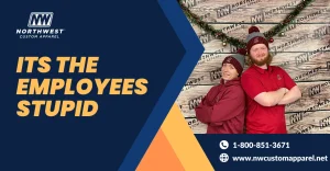 Two employees from Northwest Custom Apparel posing in front of a festive backdrop with company branding, underscoring the value of employees.