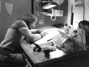 Artwork would be hand drawn and enlarged six times before you can place it on the big board for digitizing. Circa 1977