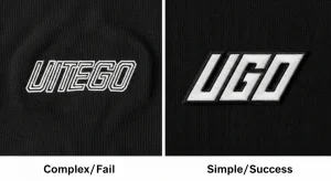 A split image showing an embroidered patch: the left side is distorted and puckered due to high stitch density from a complex design, and the right side is flat and clean from a simple, bold design.