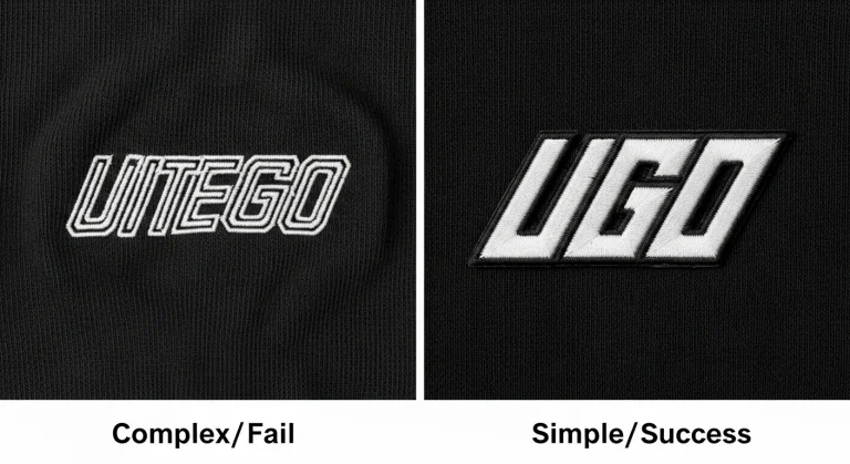 A split image showing an embroidered patch: the left side is distorted and puckered due to high stitch density from a complex design, and the right side is flat and clean from a simple, bold design.