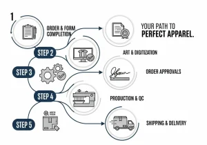 An infographic-style flowchart illustrating a five-step custom apparel order process, from form completion and design to production and delivery.