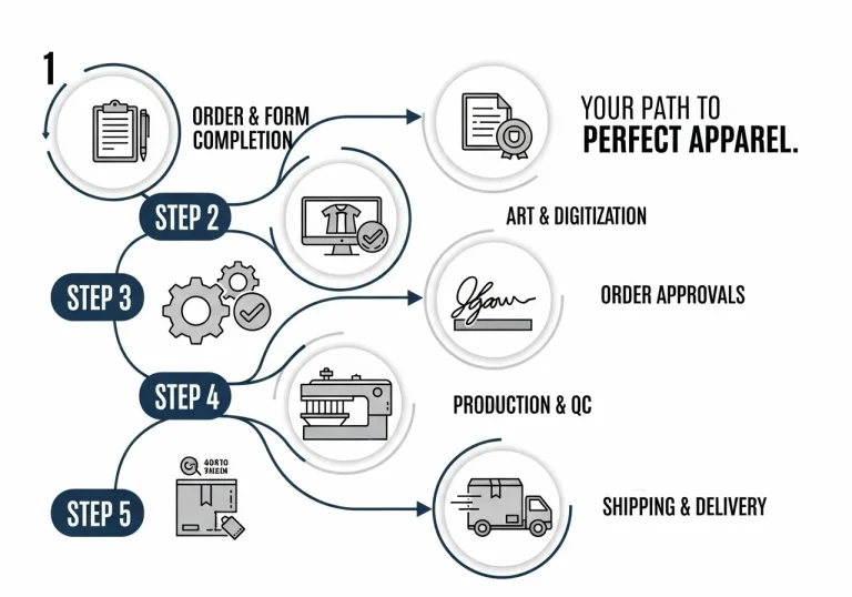An infographic-style flowchart illustrating a five-step custom apparel order process, from form completion and design to production and delivery.