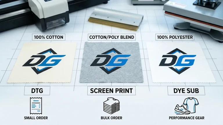 Decoration method selection organized by garment type and buyer use case