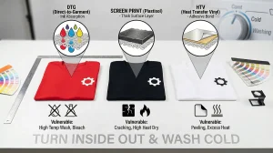 Printed Garment Care and wash instructions for DTG, Screen Printed, and HTV printed apparel
