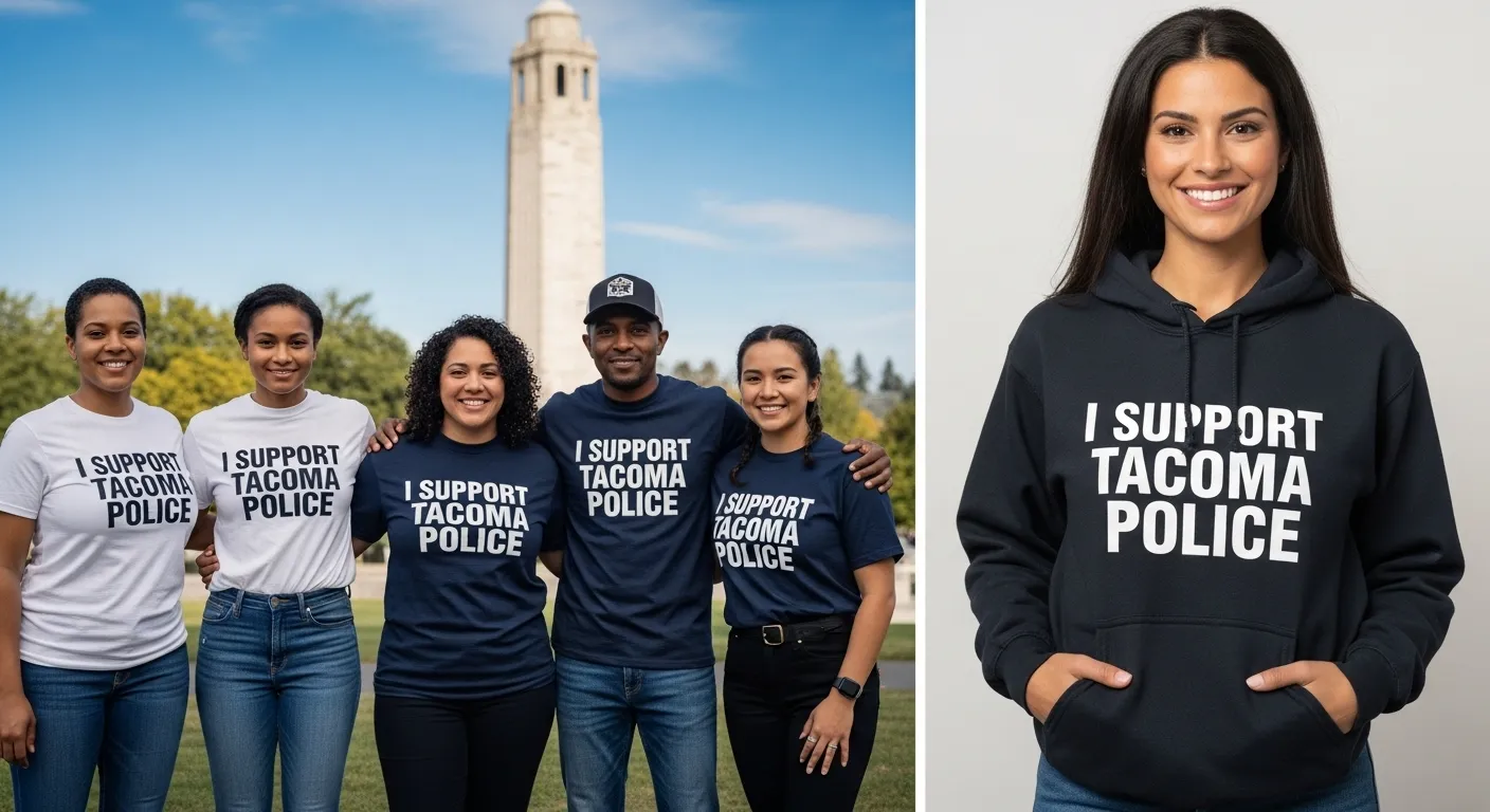 Community members proudly wearing "I Support Tacoma Police" t-shirts and hoodies in Tacoma, WA.
