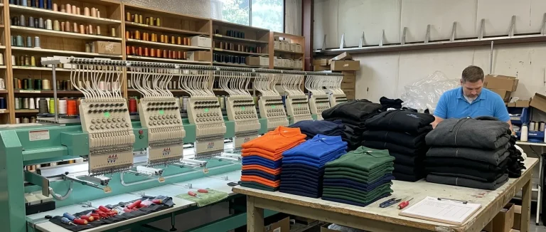 Folded stacks of blank polo shirts and jackets next to a Tajima embroidery machine at Northwest Custom Apparel Milton facility
