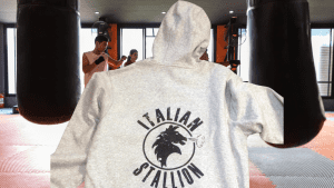 Gray Italian Stallion Hoodie and a boxing gym