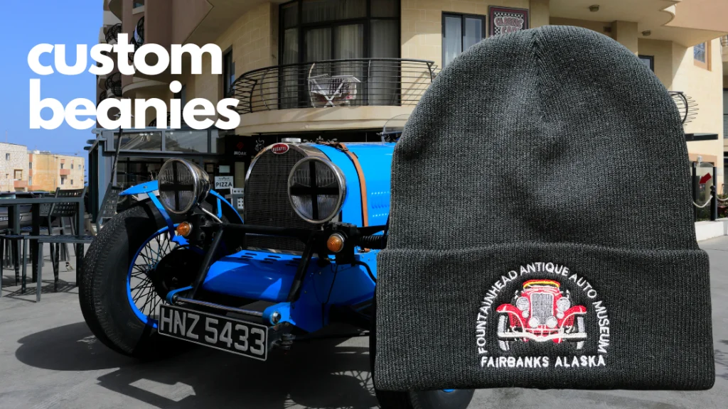 embroidered beanie and old classic car