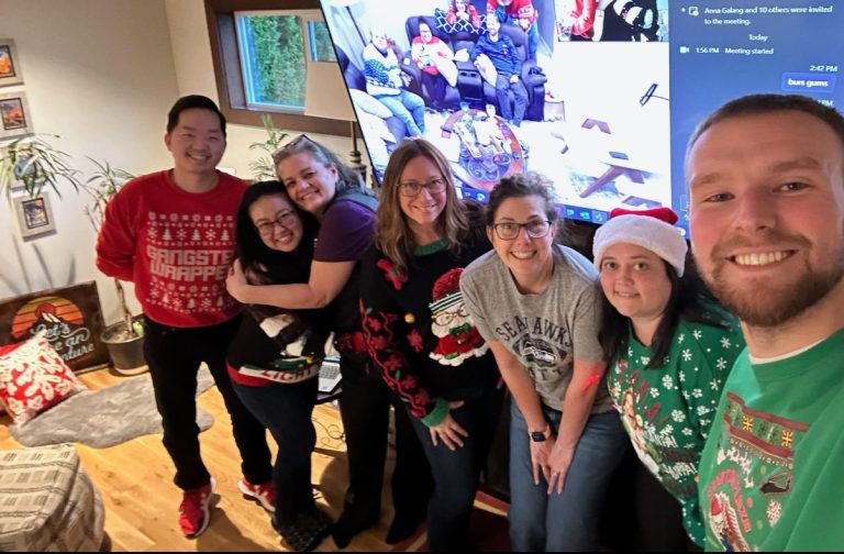 Group gathers round a Zoom meeting. We're on their Christmas gear