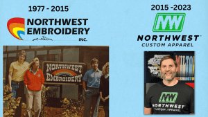 Split-image showing the evolution of Northwest Custom Apparel's brand identity: On the left, the original 'Northwest Embroidery Inc.' logo from 1977-2015 with a vintage photo of founders; on the right, the current 'Northwest Custom Apparel' logo from 2015-2023 with a photo of a man wearing a shirt with the new logo.