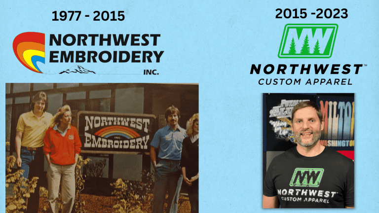 Split-image showing the evolution of Northwest Custom Apparel's brand identity: On the left, the original 'Northwest Embroidery Inc.' logo from 1977-2015 with a vintage photo of founders; on the right, the current 'Northwest Custom Apparel' logo from 2015-2023 with a photo of a man wearing a shirt with the new logo.