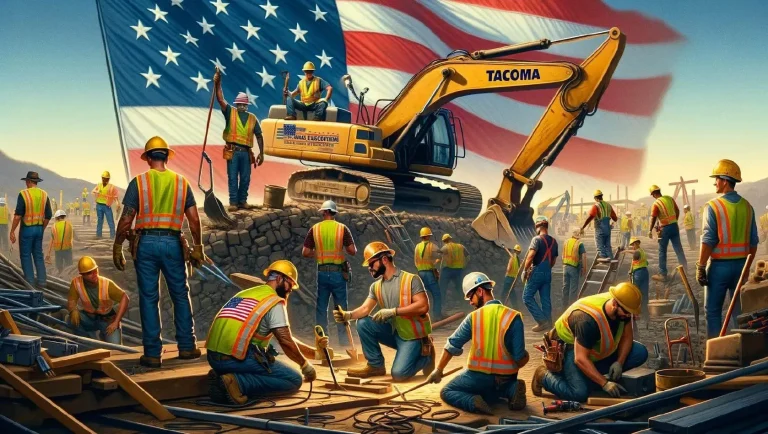 American Flag and Tacoma Construction crew wearing safety vests