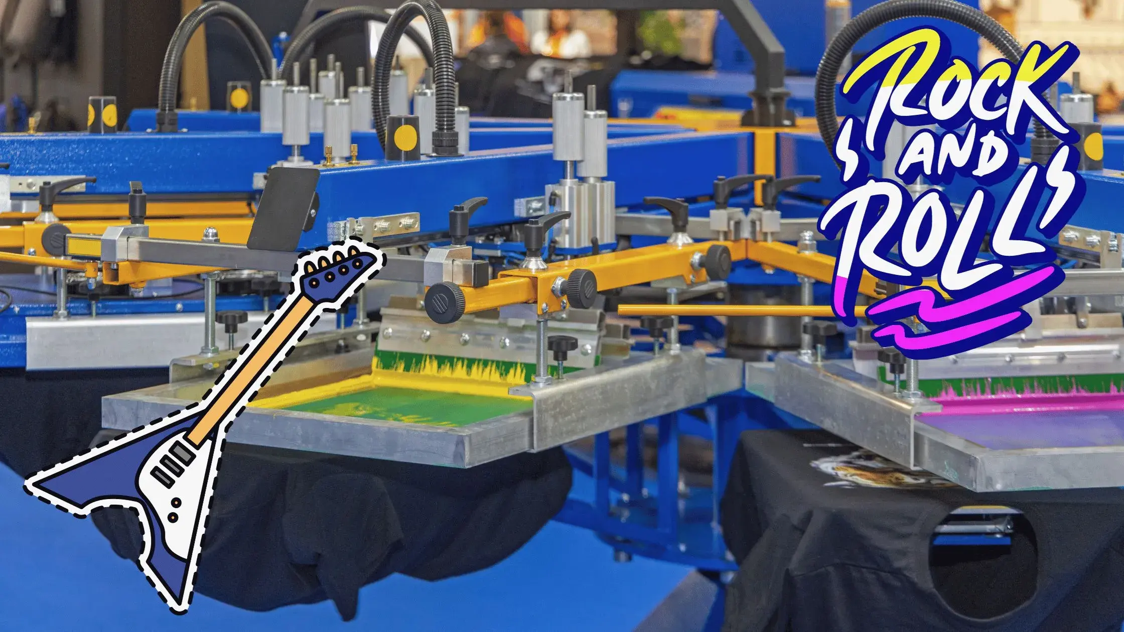 screen print press and rock n roll guitar