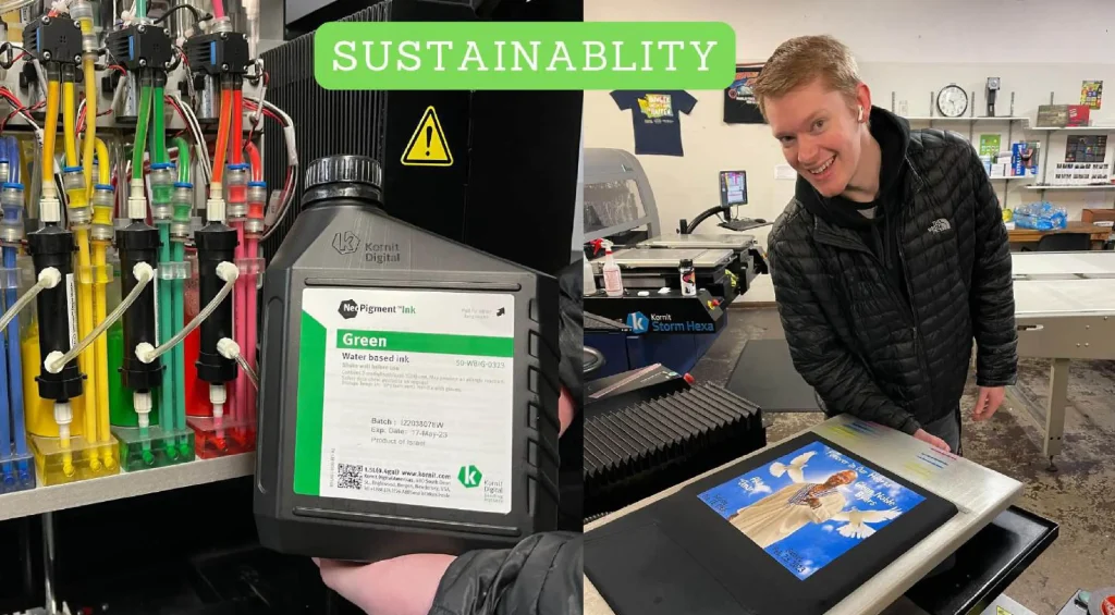 Kornit Ink Bottle and young man printing a t-shirt keeping the DTG printing sustainable