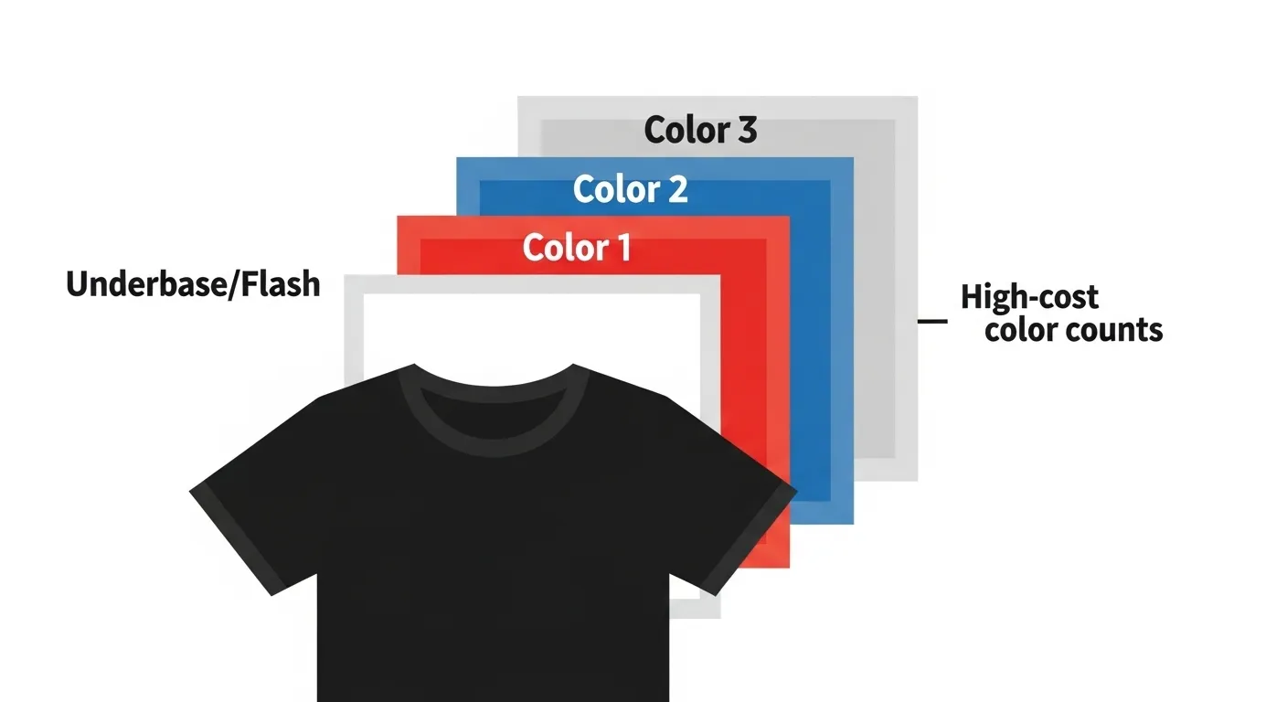 Conceptual infographic showing a dark garment and five stacked, transparent screens representing the underbase and four colors, illustrating how high color count increases cost and complexity.