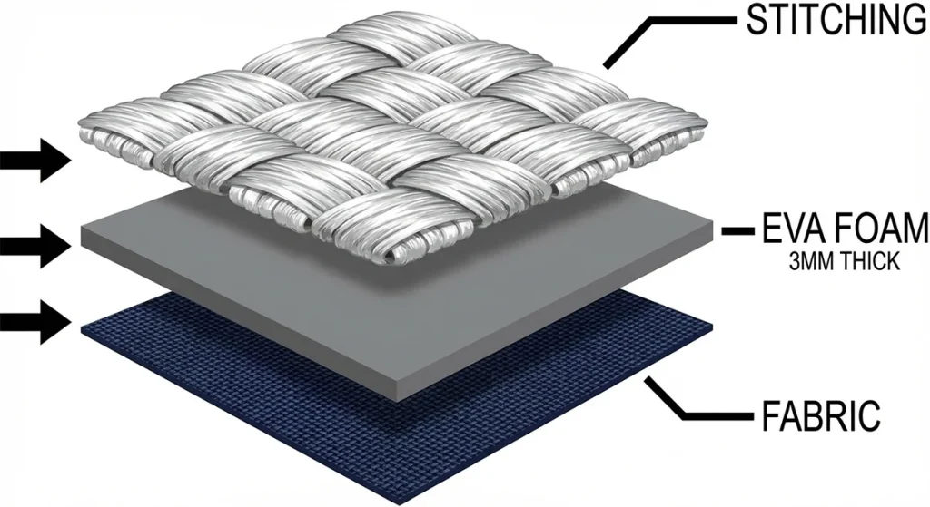 3D diagram showing layers of fabric, foam, and embroidery thread used in puff stitching.