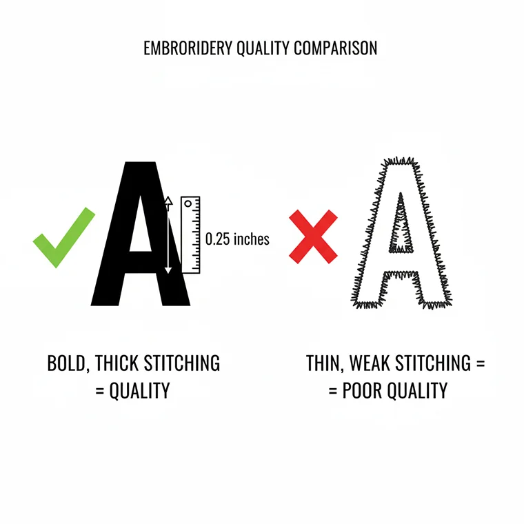 Diagram showing thick versus thin letters to demonstrate minimum 3D puff embroidery requirements.