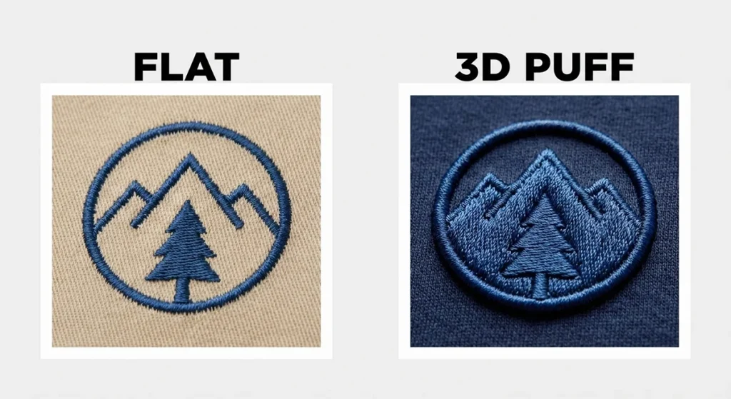 Comparison of flat embroidery versus raised 3D puff embroidery on two identical black caps.