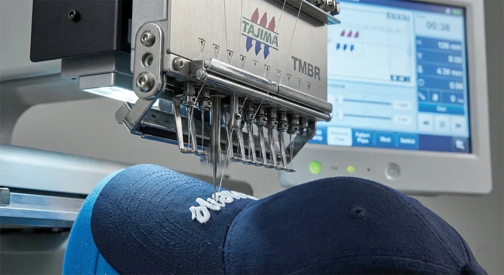 Close-up of an industrial Tajima embroidery machine needle stitching a 3D logo on a hat.