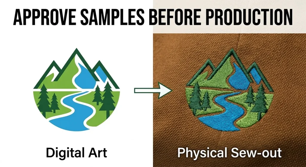 A comparison of a digital logo file and a physical embroidery sample to show the proofing process.