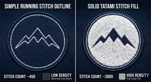 Comparison of low-density vs high-density embroidery stitch counts.