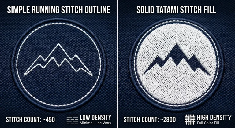Comparison of low-density vs high-density embroidery stitch counts.