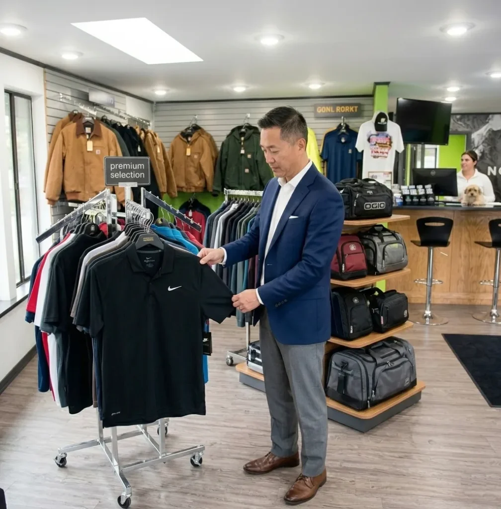 A Federal Way corporate manager inspecting a Nike Dri-FIT polo in the bright, modern custom apparel showroom in Milton, WA.