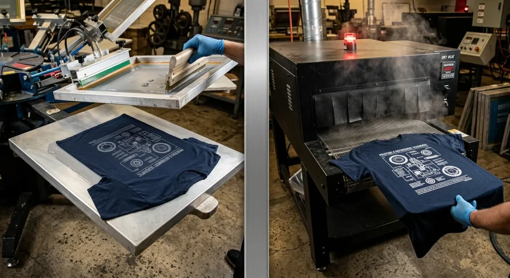 The chemical reaction of discharge ink before and after heat curing.