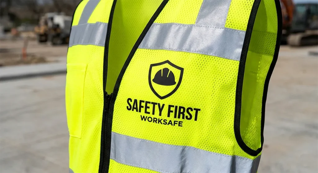 The contrast between the neon fluorescent fabric and the solid, opaque logo, avoiding the reflective tape.