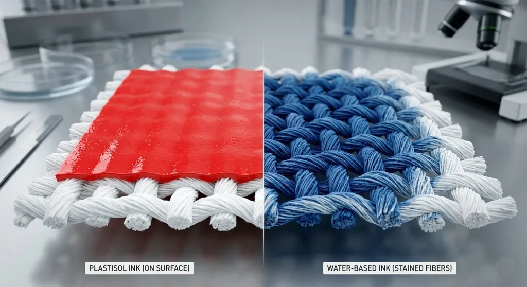 Macro comparison of ink sitting on fabric vs. soaking into fibers.