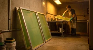 A professional view of three large screen printing frames being coated with emulsion in a darkroom, illustrating the labor-intensive setup process required before printing.