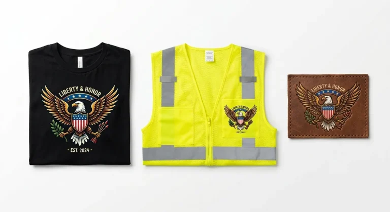 Collection of different fabric types including cotton, polyester, and leather all printed with the same DTF transfer.