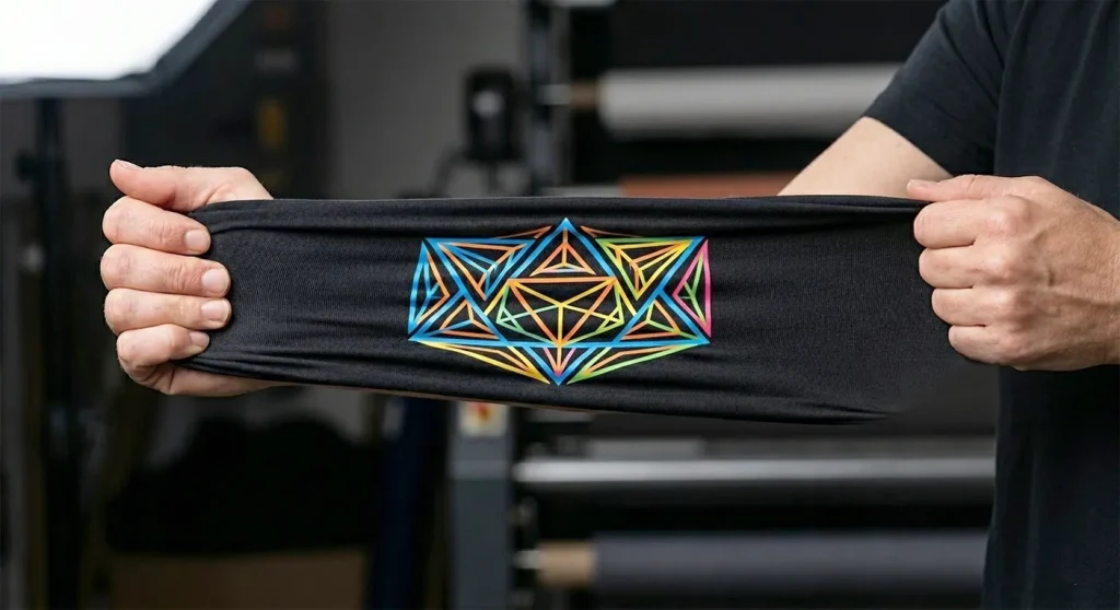 Close-up of a DTF print stretching on elastic fabric to demonstrate TPU adhesive flexibility.