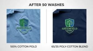 Comparison of embroidery durability after 50 industrial washes between cotton and poly-cotton blend.