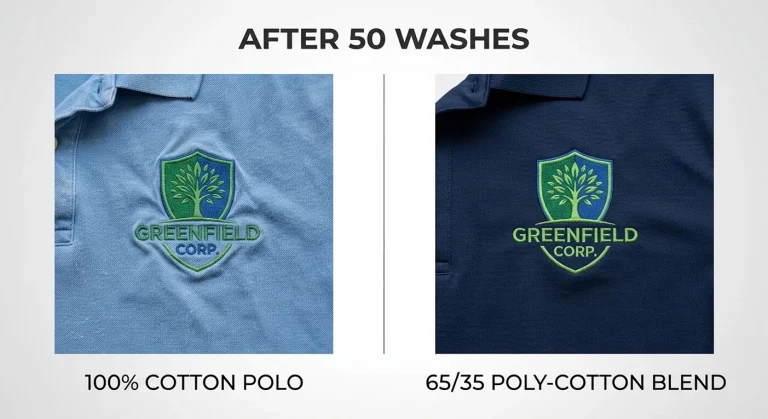 Comparison of embroidery durability after 50 industrial washes between cotton and poly-cotton blend.