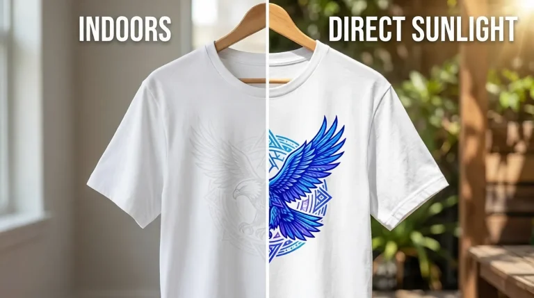 Photochromic UV ink changing from transparent indoors to colorful in sunlight on a white shirt.