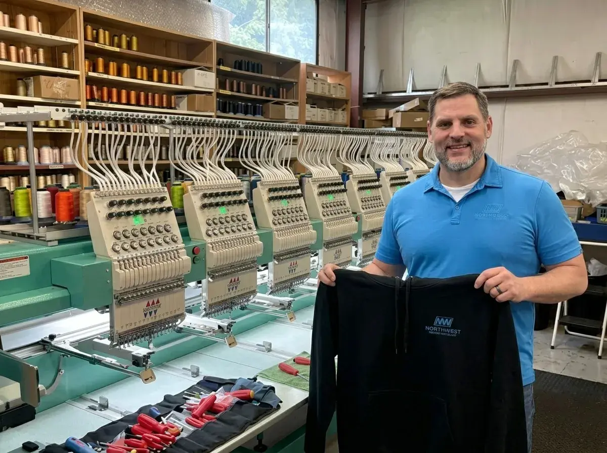Northwest Custom Apparel production facility in Milton, Washington with Tajima embroidery machines.
